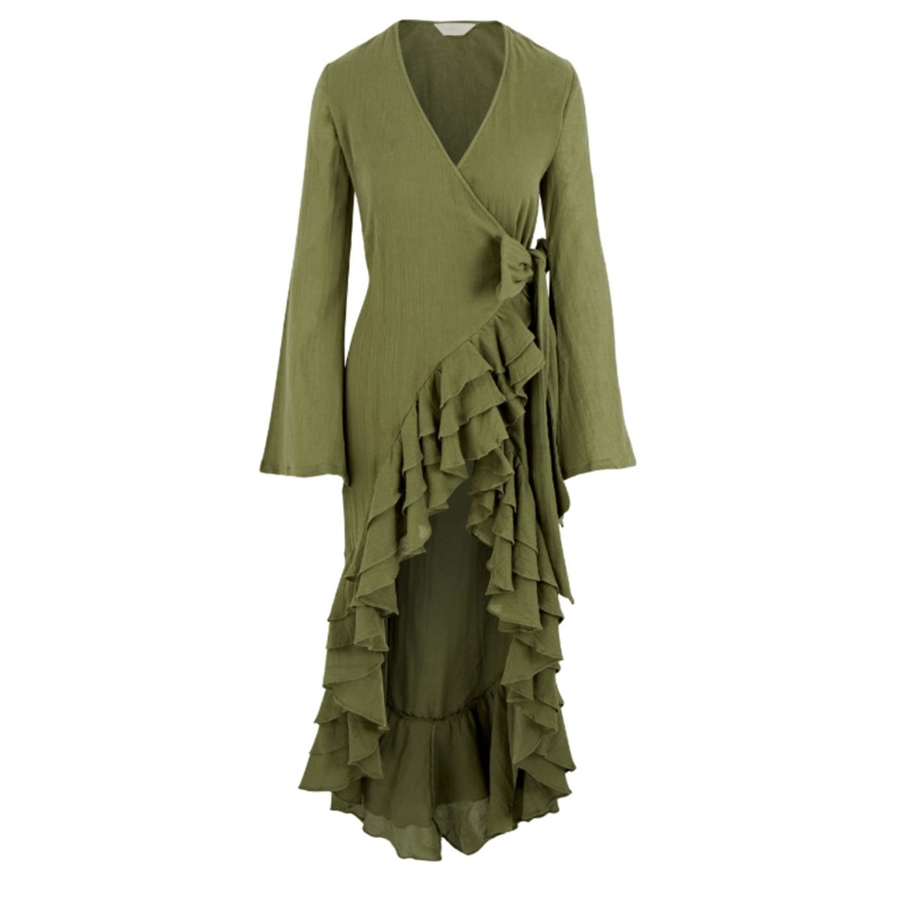 Amanzula Organic Cotton Ruffle Wrap Dress in Green Resortwear S to M